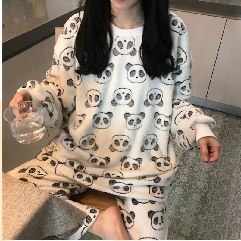 2024 New Coral Fleece Soft Women Clothes Cute Panda Printing Pajamas for Women Round Neck Long Sleeve Autumn Women Two Piece Set