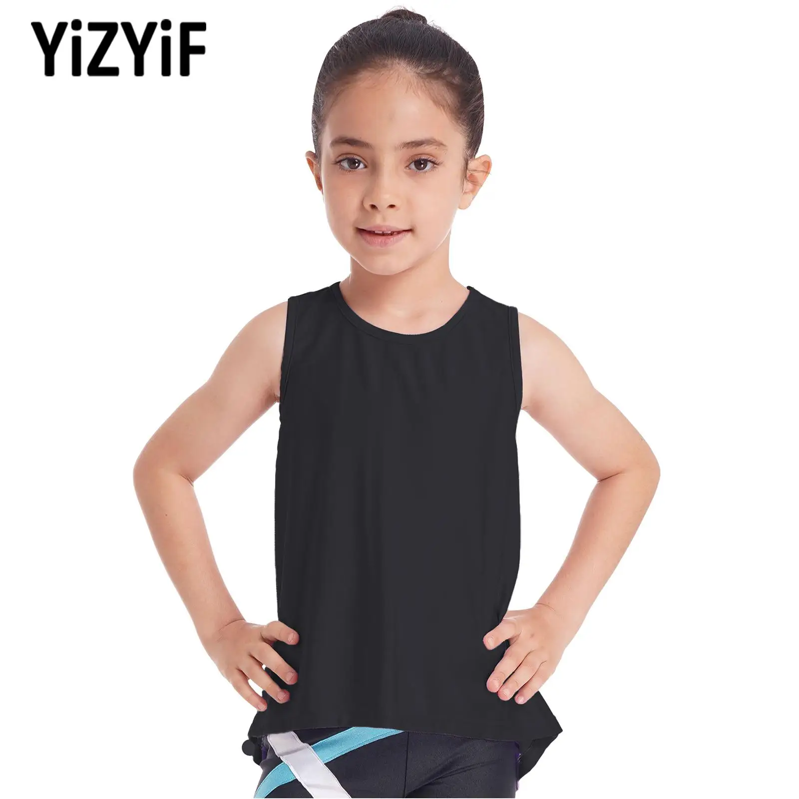 

Children Girls Casual Workout Yoga Vest Running Tennis Sports Shirt Tops Solid Color Sleeveless Open Back T-Shirt Top Activewear