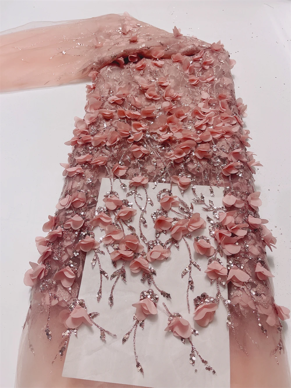 

African 3D Flower Sequins Lace Fabric High Quality Lace Embroidery Beads Mesh Fabric 5 Yards For Women Wedding Party