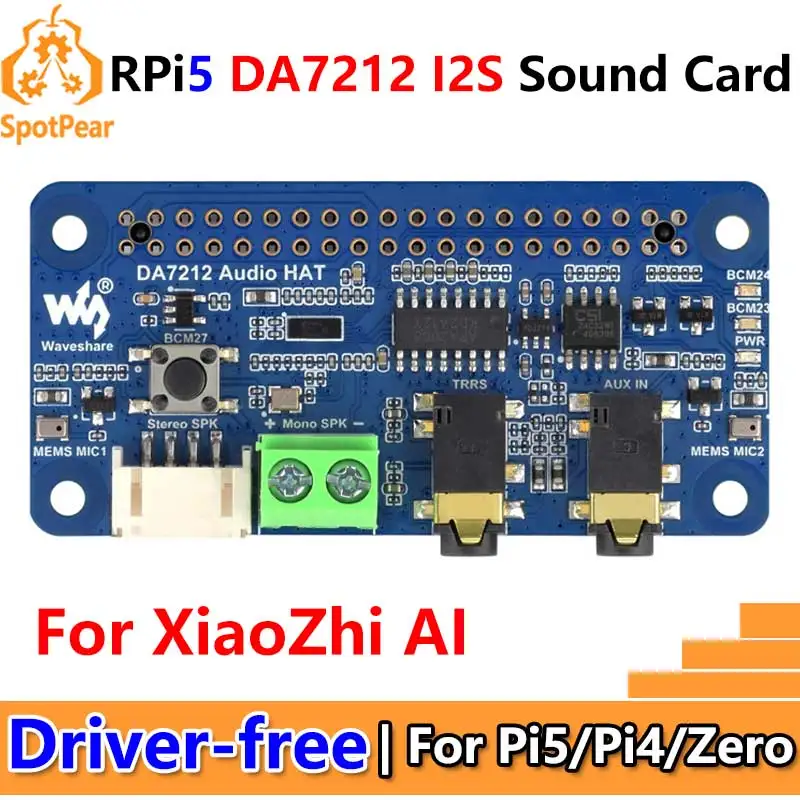 Raspberry Pi DA7212 I2S Audio For XiaoZhi AI Expansion Board Dul-mic Free-Driver For PI5/PI4/Zero
