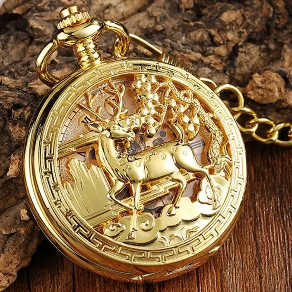 

Golden Hollow Deer Pattern Vintage Double Side Steampunk Fob Clock Vintage Analog Skeleton Hand Winding Mechanical Pocket Watch