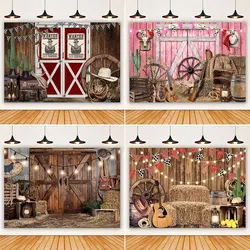 Western Cowboy Photography Prop Backdrop West Rustic Farm Barn Haystack Hay Bale Wheel Kids Baby Birthday Party Photo Background