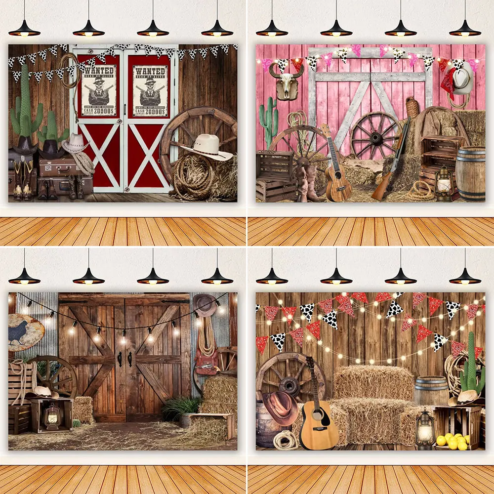 Western Cowboy Photography Prop Backdrop West Rustic Farm Barn Haystack Hay Bale Wheel Kids Baby Birthday Party Photo Background