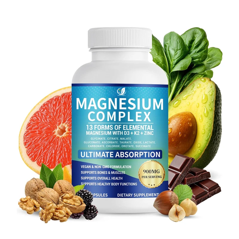 

Магниевый комплекс 900 мг на порцию - содержит витамин D3, K2, цинк, для поддержки мышц - 60 капсул