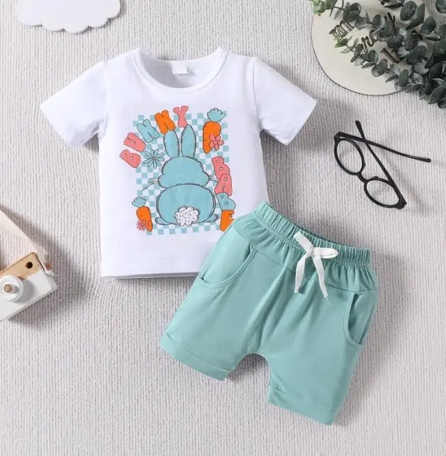 

BeQeuewll Baby Boy Easter Outfit For Summer Short Sleeve Bunny Print T-shirt with Elastic Waist Shorts 2-piece Outfit