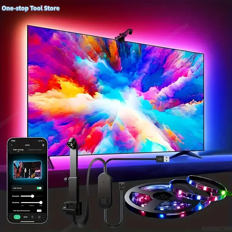 Tira de luces LED RGBIC con retroiluminación LED para TV, Sensor de cámara, Control por aplicación, sincronización de música, luz RGB inteligente para iluminación de ambiente de juegos