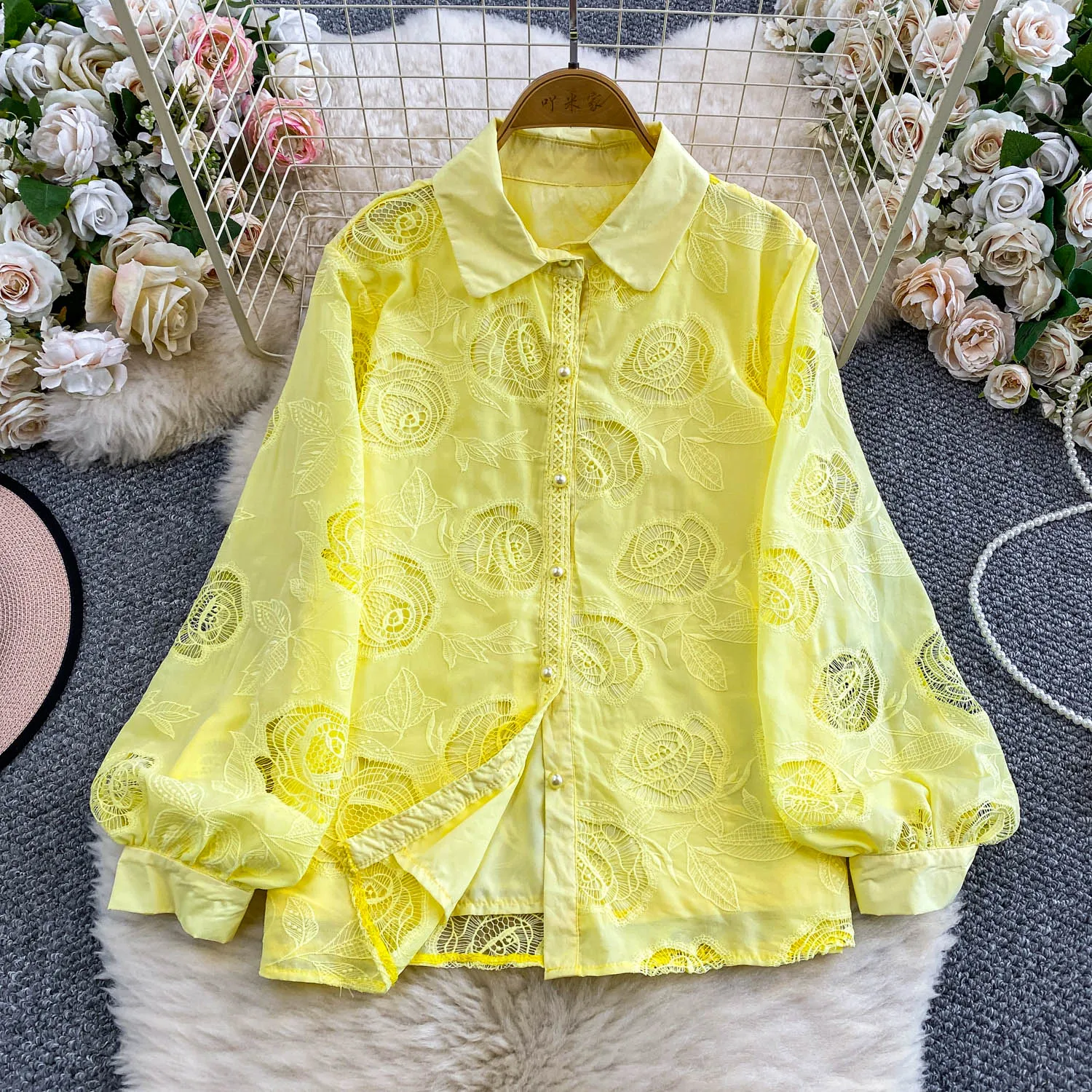 

Fashion Women's Embroidered Blouse Pink Button Down Shirt Hollow Out Lantern Sleeve Autumn