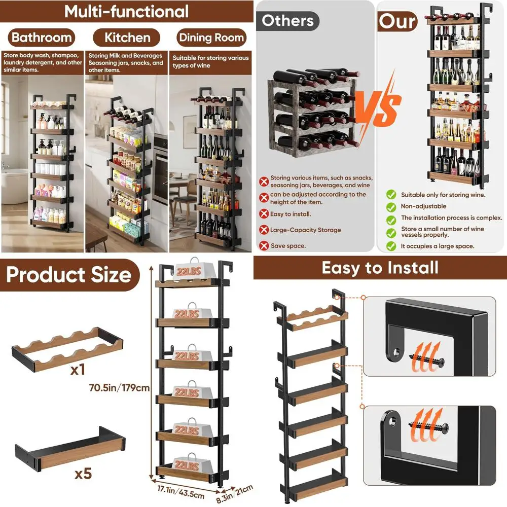 

6-уровневая металлическая настенная стойка для спиртных напитков, угловой держатель для виски с регулируемой высотой, отдельно стоящая напольная полка для домашнего бара и хранения на кухне