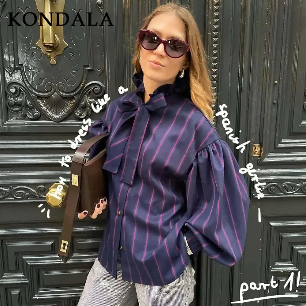 KONDALA 2025 秋冬 カジュアル レディース シャツ ファッション ストリートウェア ストライプ シングルブレスト ターンダウンカラー レディース シャツ