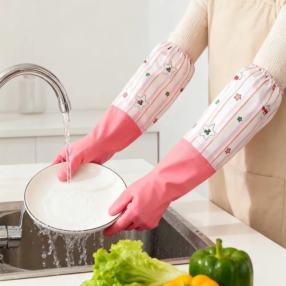 

Velvet Dishwashing Gloves Long Cuff PVC Waterproof Gloves Cartoon Pattern Comfortable Winter Gloves Vegetable Washing