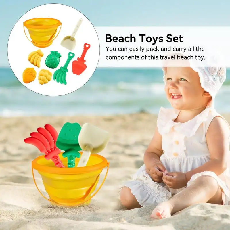 Brinquedo de praia infantil ao ar livre, pá divertida, molde de frutas, balde dobrável, armazenamento de areia, ferramenta de escavação, 8pcs