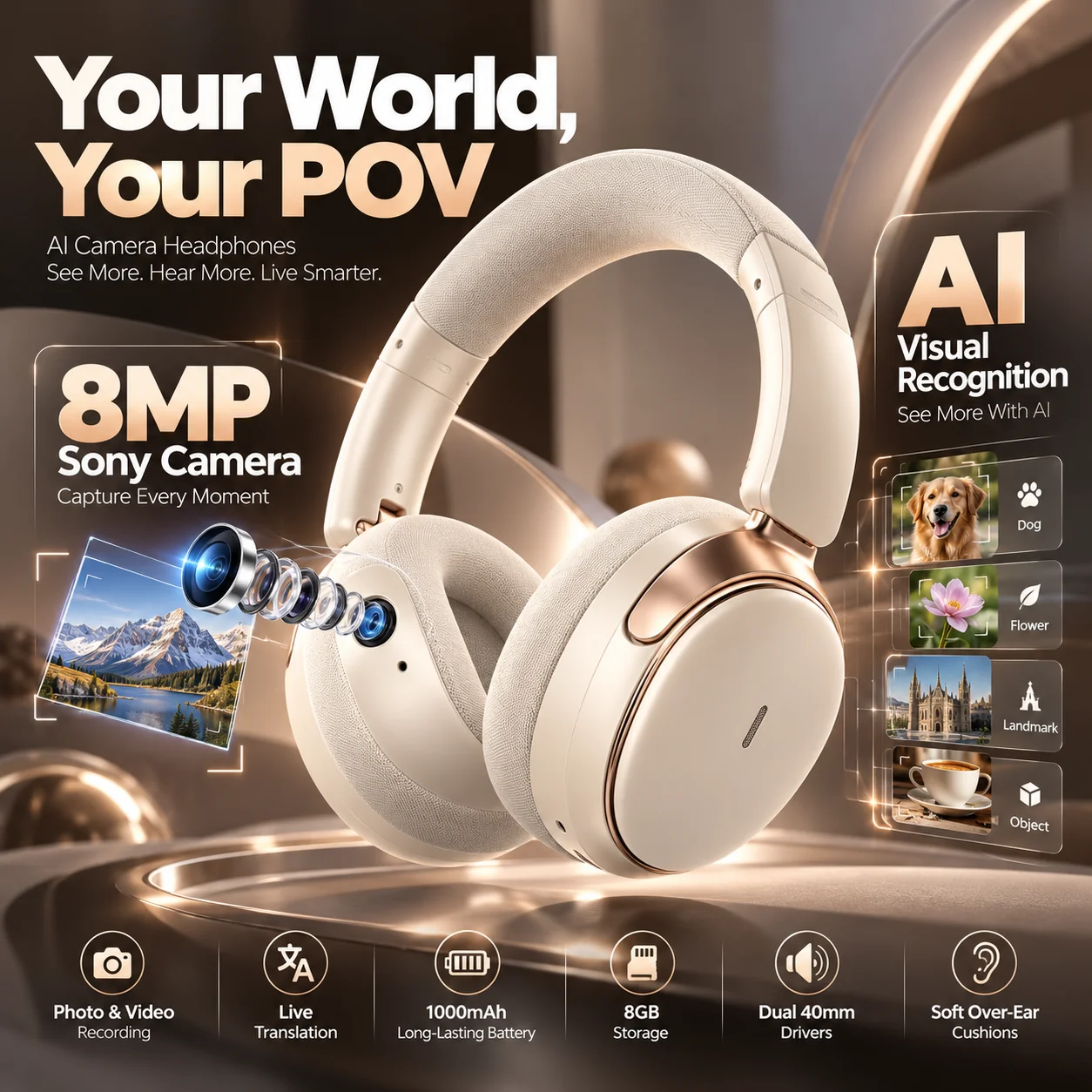 Nouveauté 2027, écouteurs avec caméra IA, enregistrement photo et vidéo 8MP, qualité sonore stéréo Hi-Fi, assistant vocal IA, casque Bluetooth