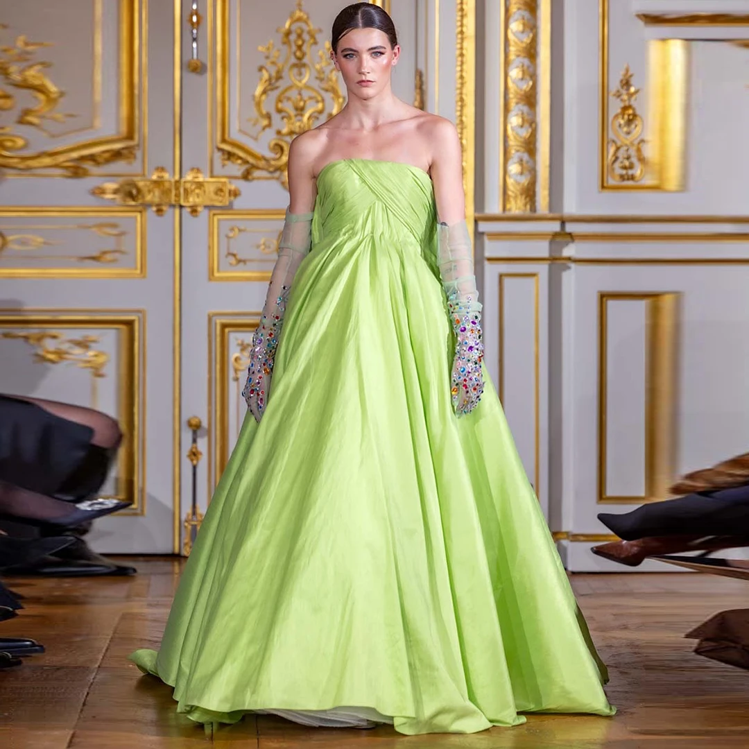 

Лаймово-зеленое вечернее платье трапециевидной формы без бретелек, шелковый атлас, плиссированный лиф длиной до пола, летнее вечернее платье, свадебное коктейльное платье в стиле бохо