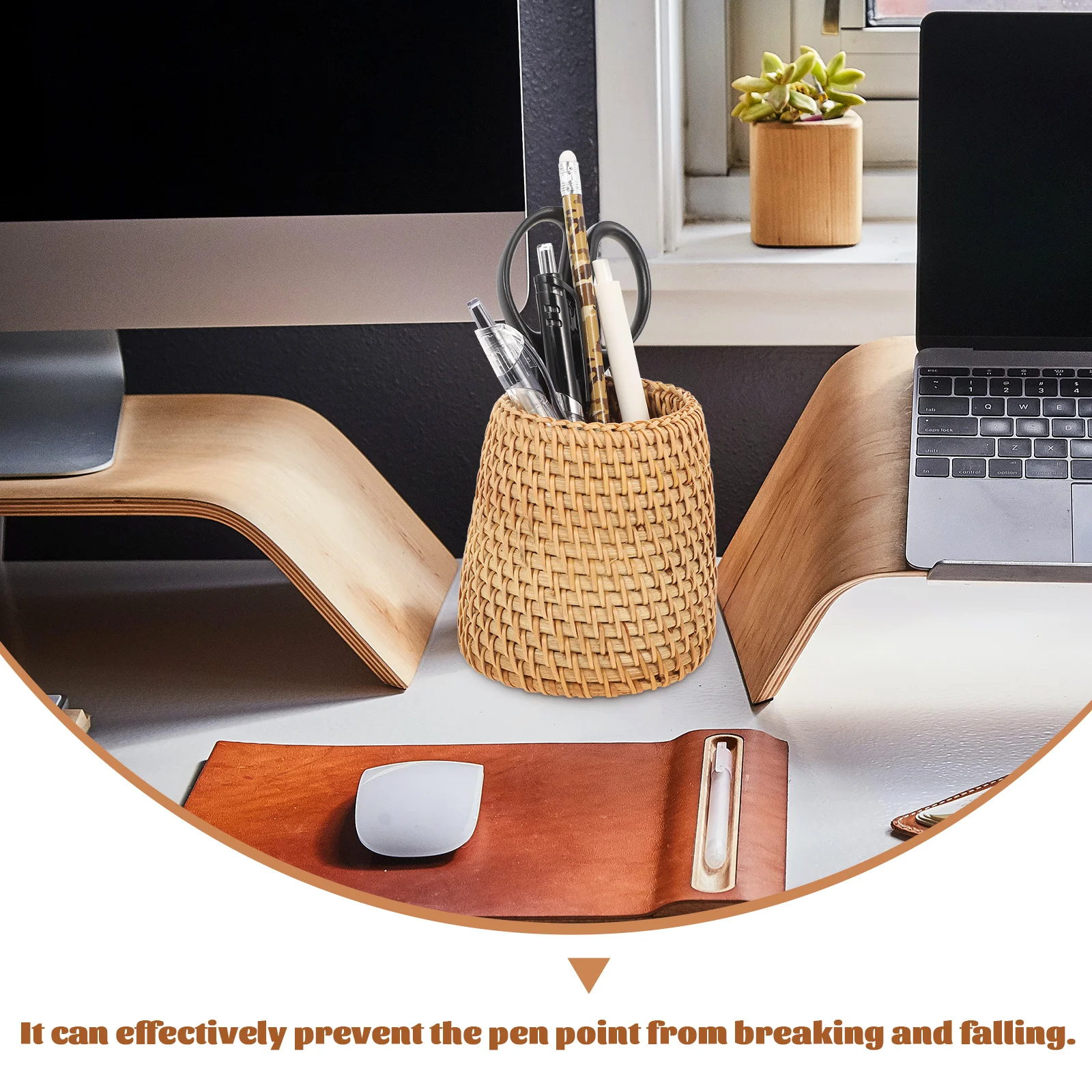 

Rattan Pen Holder Storage Bucket Office Supply Sturdy Large Space Makeup Brushes Nail Pens Portable ganizer Stationery