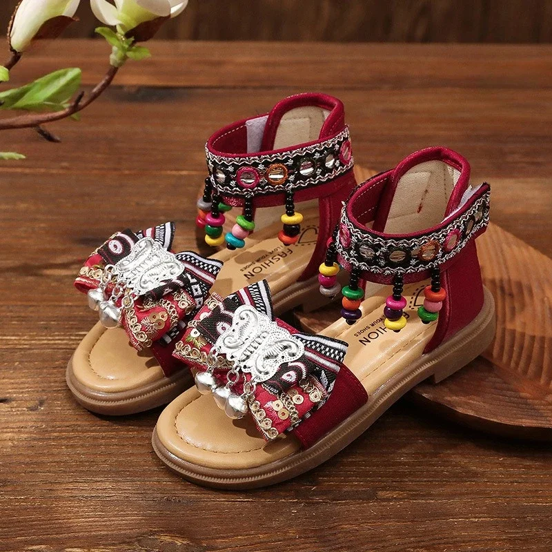 Summer Girls Tassel Sandals National Retro Style Kid Open-toe Dress High-top Sandals Fashion Children Princess Gladiator Sandals