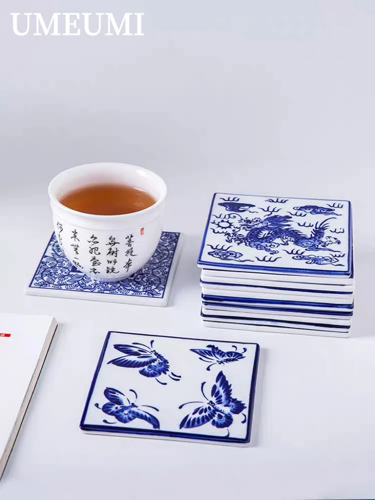 UMEUMI Ceramic Coasters Oriental Decorative Celadon Wall Decoration Blue and White Porcelain Square Tea Cup Coffee Coasters