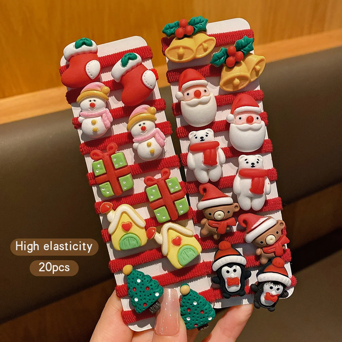 20 Christmas hair accessories with cute cartoon Santa Claus snowman and rubber bands suitable for Christmas use