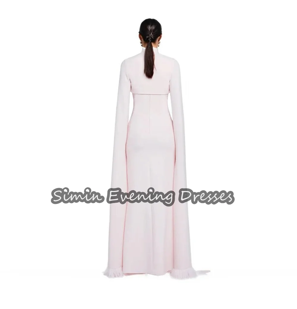 Simin Crepe Straight Boat Neck Feathers Saudi Ruffle Prom Gown Simple Floor Length Arab Evening Party dresses for women 2024