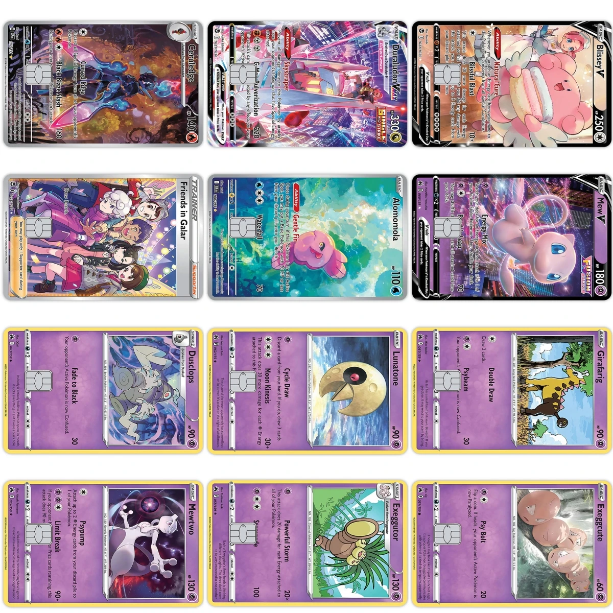 

Наклейки-пленки для банковских карт (Виза) с героями мультфильмов: Покемон, Герудж, Мью. Аниме-дизайн, ПВХ, лазерная резка, для самостоятельного оформления.