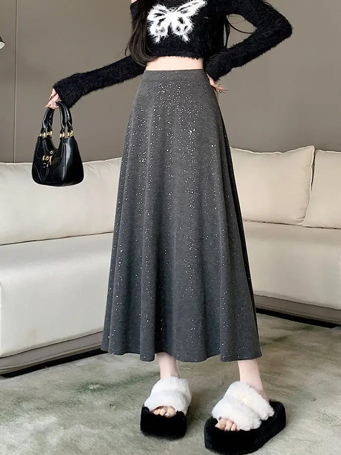 Gaganight Women Grey Sequined Knitted Midi Skirt 2024 Women's Autumn Winter Hanging High Waist Slim Medium Long Umbrella Skirt