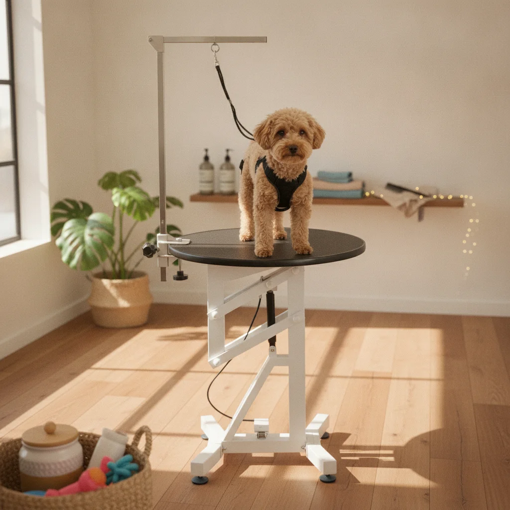 Round Pet Grooming Table Metal Base Rotating Grooming Table Pet Care Equipment Polished Surface Easy to Clean