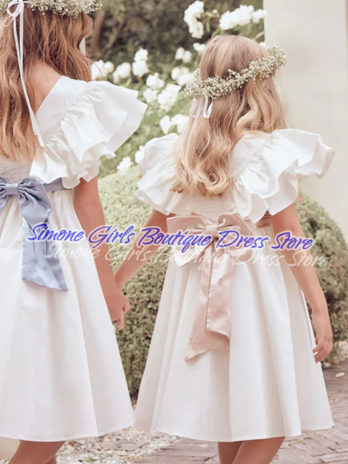 Satin Open Back Bow Lotus Leaf Sleeves Flower Girl Dresses for  Parties Wedding Ceremonies Dance Performances Formal Receptions