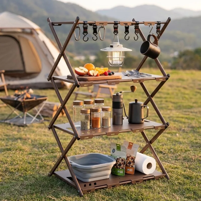 3/4 Tiers Portable Collapsible Carbon Steel Outdoor Camping Storage Rack Grill Picnic Table Fruit Cookware Organizer Shelf Stand