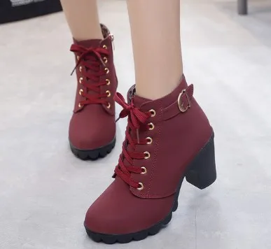 Bottes Courtes à Talons Hauts et Épais pour Femme, Chaussures Courtes à Bout Rond, à Lacets, avec Boucle de Ceinture, pour Automne