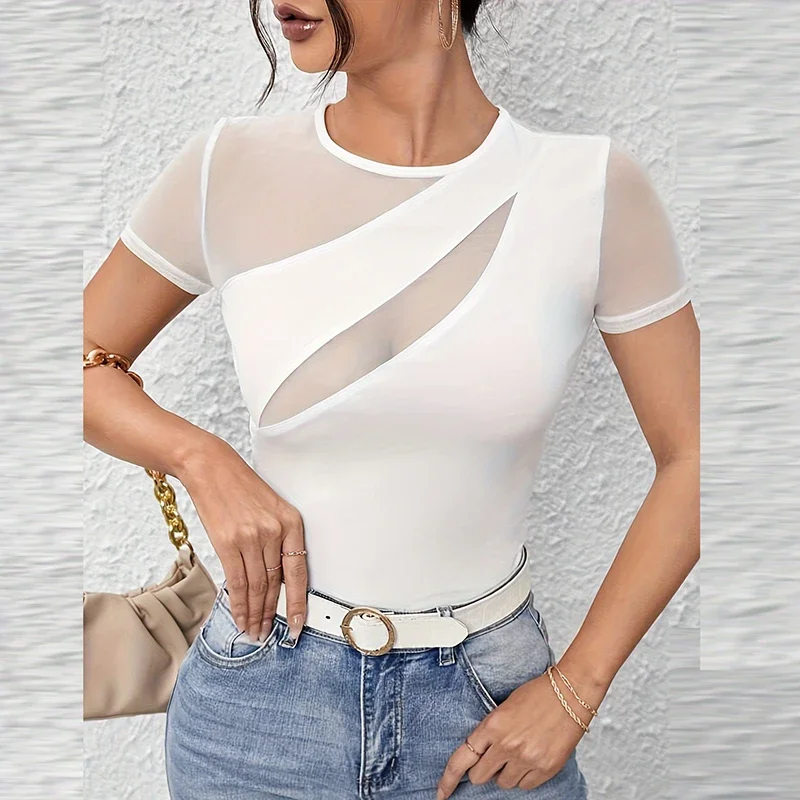 ฤดูร้อนผู้หญิงมุมมองเสื้อยืดหญิงแขนสั้น Slim Tops Lady Tee Elegant ผู้หญิงเสื้อยืด