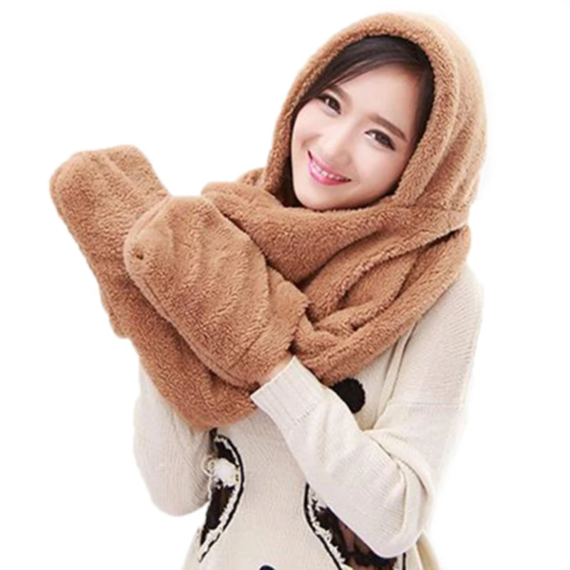 

3 In 1 Women Winter Warm Soft Hoodies Scarf Snood Pocket Hats Gloves Fashion Hooded Srarves Scarf Hat Glove 3 Piece Sets