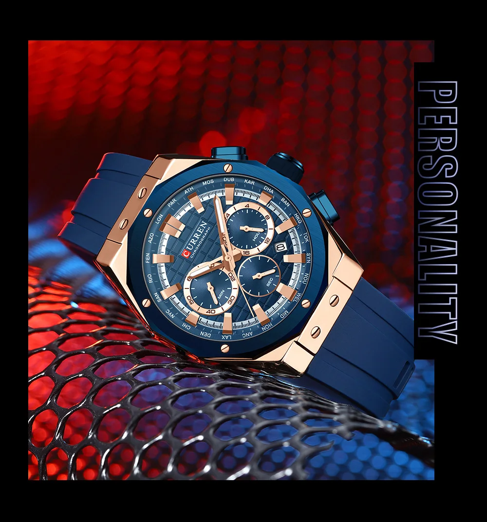 CURREN Luxusmarke Hochwertige Chronograph-Leuchtuhren für Herren mit Silikonarmband, Lässige Sportliche Wasserdichte Quarz-Armbanduhr – Detail 11