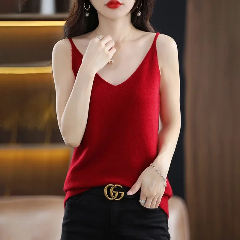 Spring Summer Women Camis Tops Solid Casual Knitted Tops Sexy V-neck Bottoming Tank Tops 2024 Knit Fashion Korean Tank Top