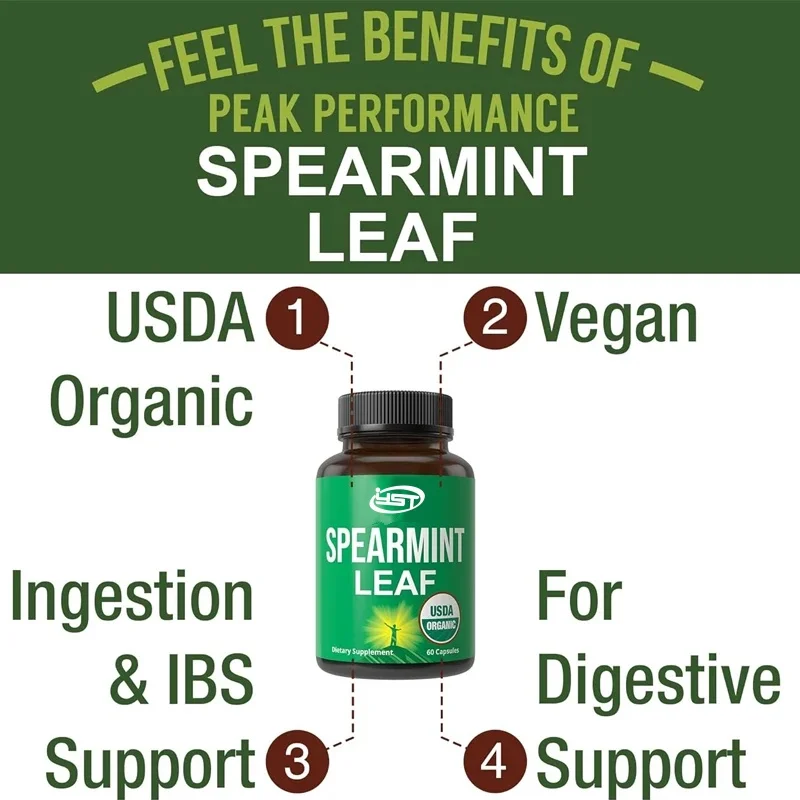 USDA organic spearmint capsules. Organic vegetarian spearmint leaf pill, suitable for acne, digestive support, intake, PCOS, etc