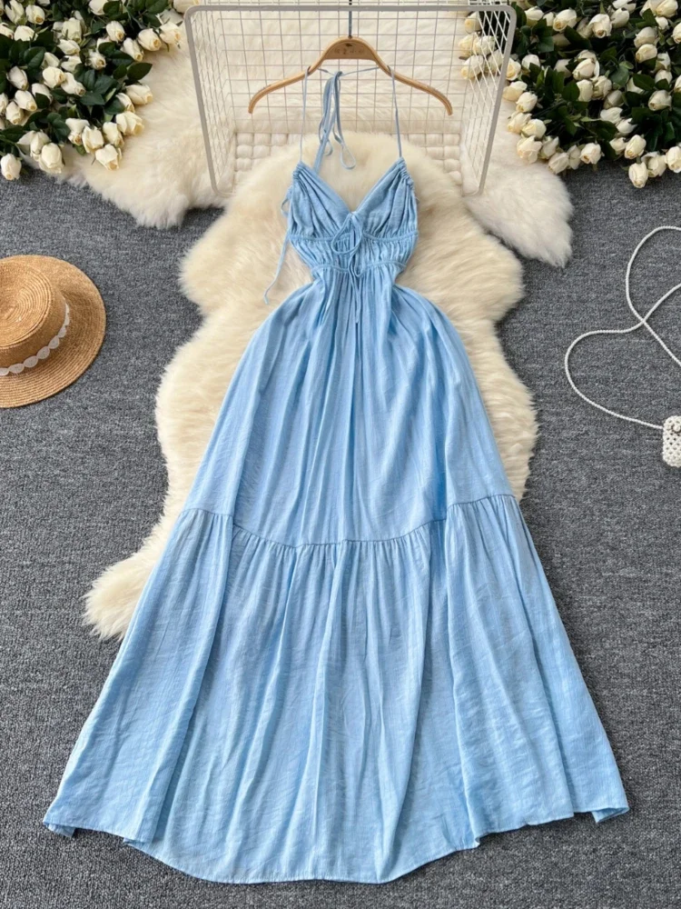 

Women Beach Sexy Dress Sexy Pleated V-neck Hanging Neck Backless A-line Long Dresses French Vintage A-line Blue Long Robe