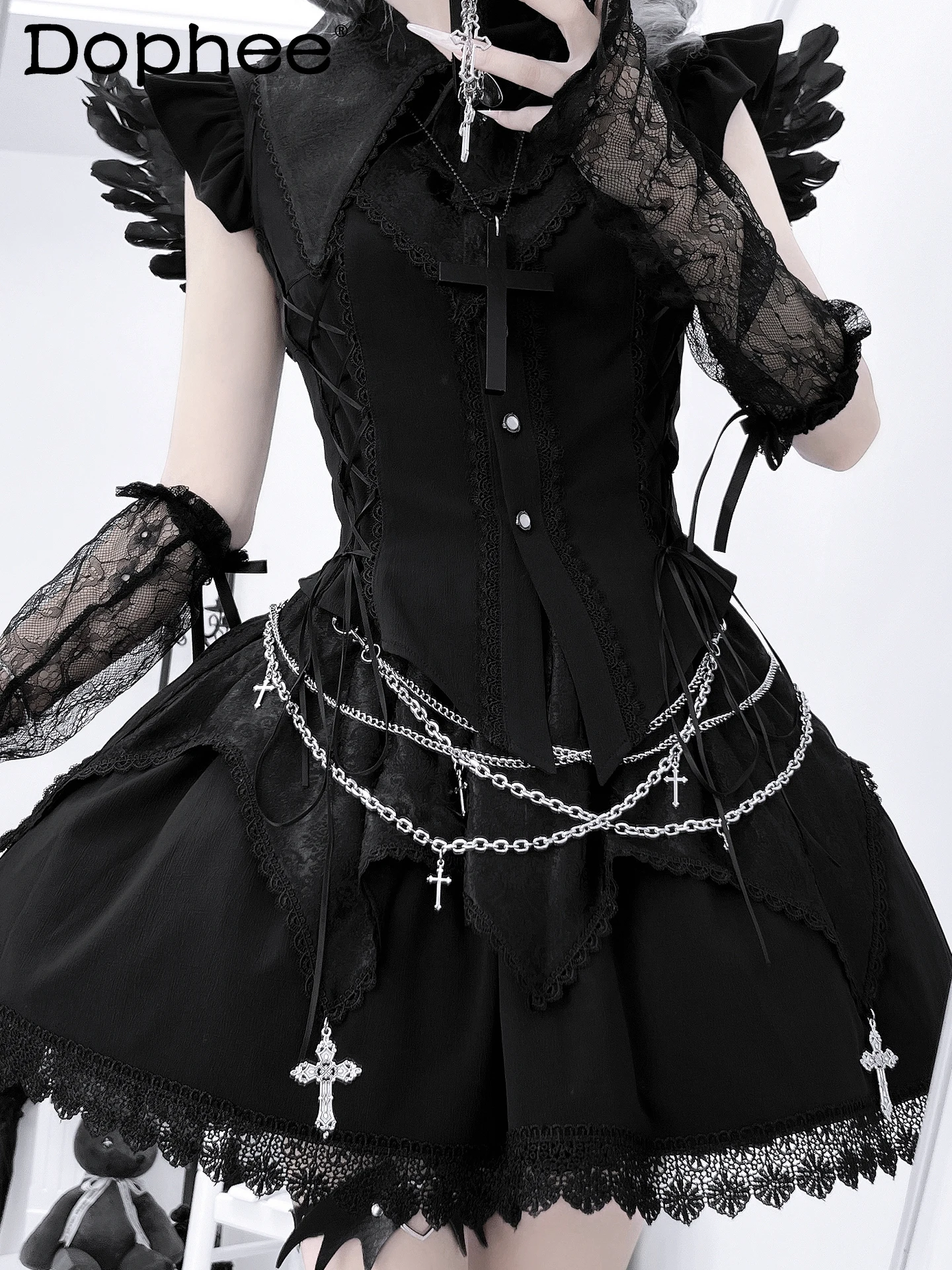 

Y2K Subculture Japanese Original Lolita Set Dark Gothic Style Sweet Cool Girl Lapel Flutter Sleeve Two-Piece Set