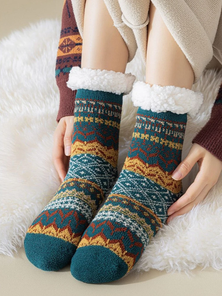 Lamb Wool Floor Socks Autumn and Winter Fleece Thickened Warm Non-slip Silicone Home Socks Ethnic Style Tube Socks