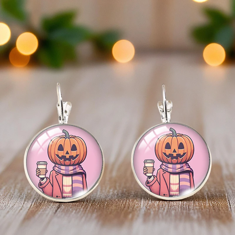 2025 موضة جديدة اليقطين رجل القهوة قرط كبس القرط المستديرة الزجاج كابوشون الفن مجوهرات مطبوعة