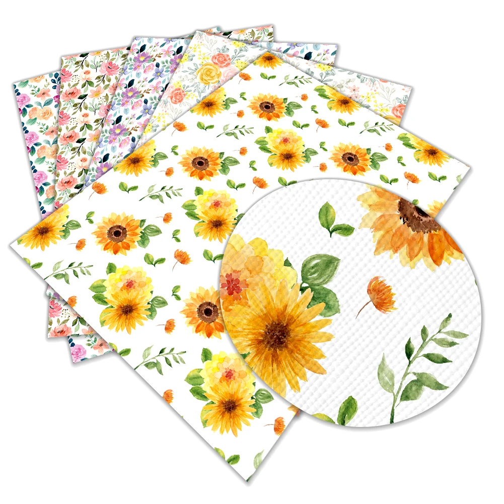 Sunflower Daisy Floral Print Faux Leather Fabric Sheets 22 X 30cm PU Synthetic Leather for Craft DIY Gift Sewing Wrapping Bow