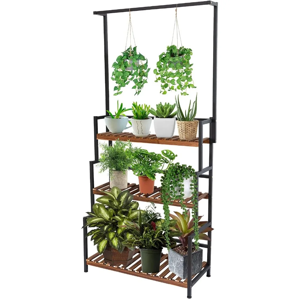 ULIKE Plant Stand Outdoor Indoor Hanging Plant Shelf for Multiple Plants 3 Tier Tall Plant Stand Wood Rack with Metal Frame for