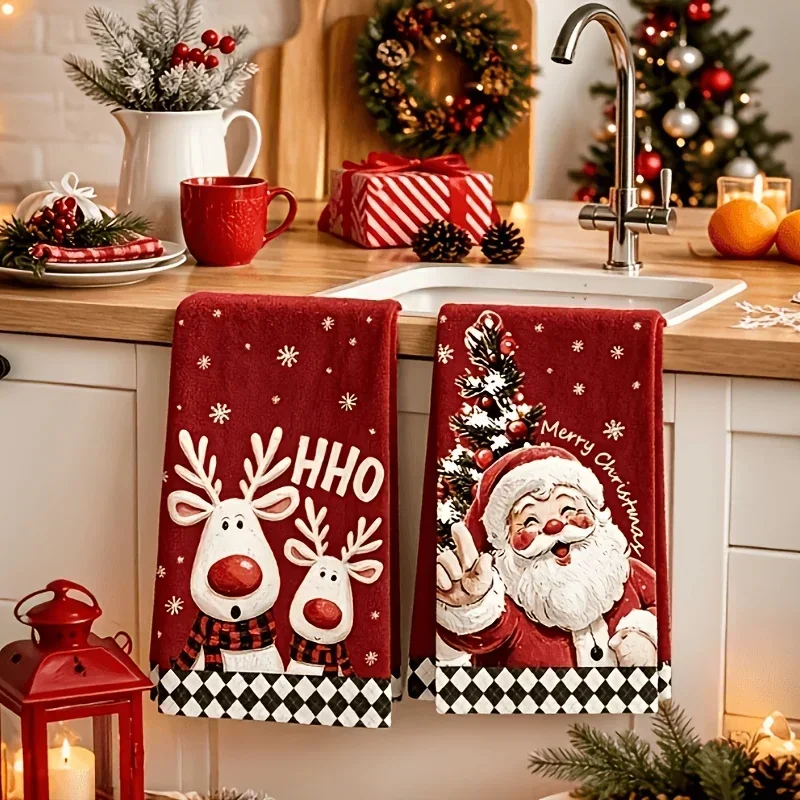 Christmas Bathroom Towels 2Pcs Santa Reindeer Buffalo Plaid Dish Towel Soft Absorbent Polyester Hand Cloth for Kitchen Decor
