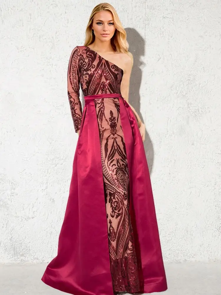 One Shoulder Burgundy Sequin Maxi Dress Single Sleeve Long Evening Party Ball Gown Floor Length Long Dress Autumn Winter