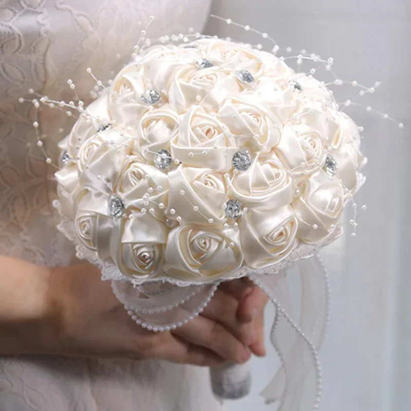 

1pc White Rhinestone Ribbon Bridal Bouquet for Wedding Handmade Artificial Silk Holding Flowers Arrangements Bridesmaid Bouquet