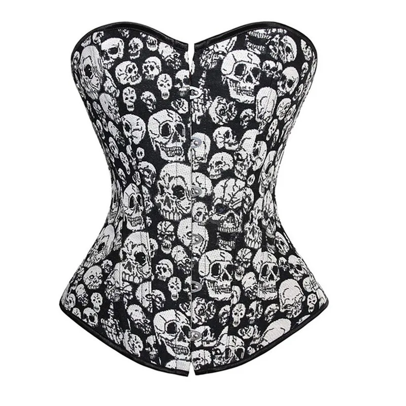 

Corset Underbust Top Plus Size Bustier Skull Printing Burlesque Costume Halloween Pattern Lingerie Vintage Clothing Black