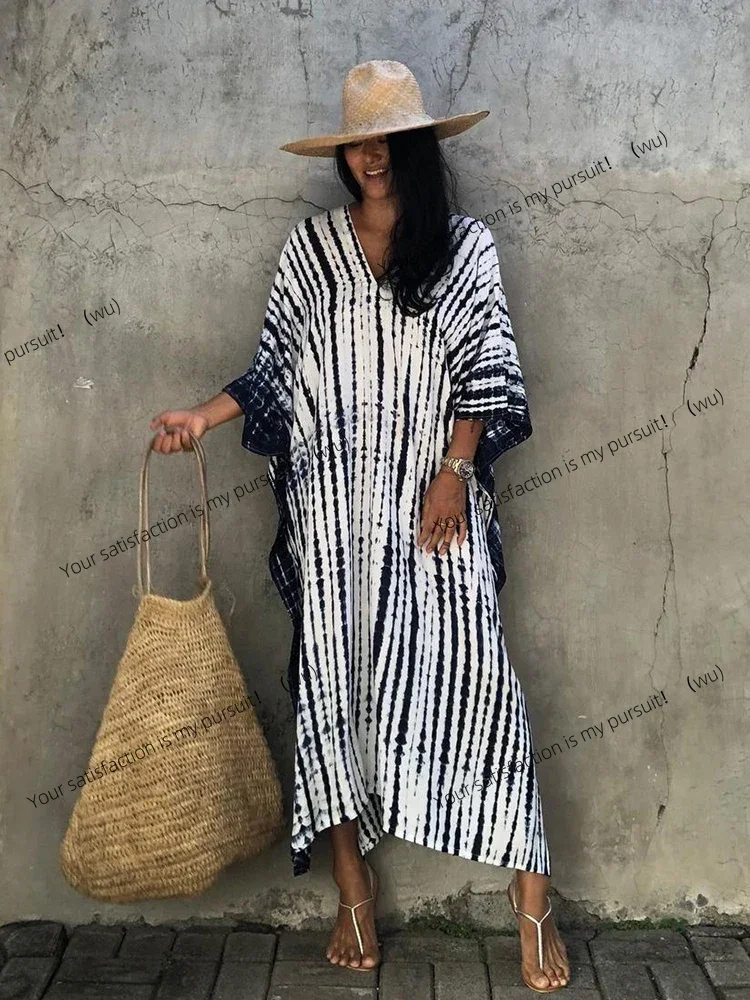 

ZOCI-retro beach dress, women's V-neck loose blouse, side split casual