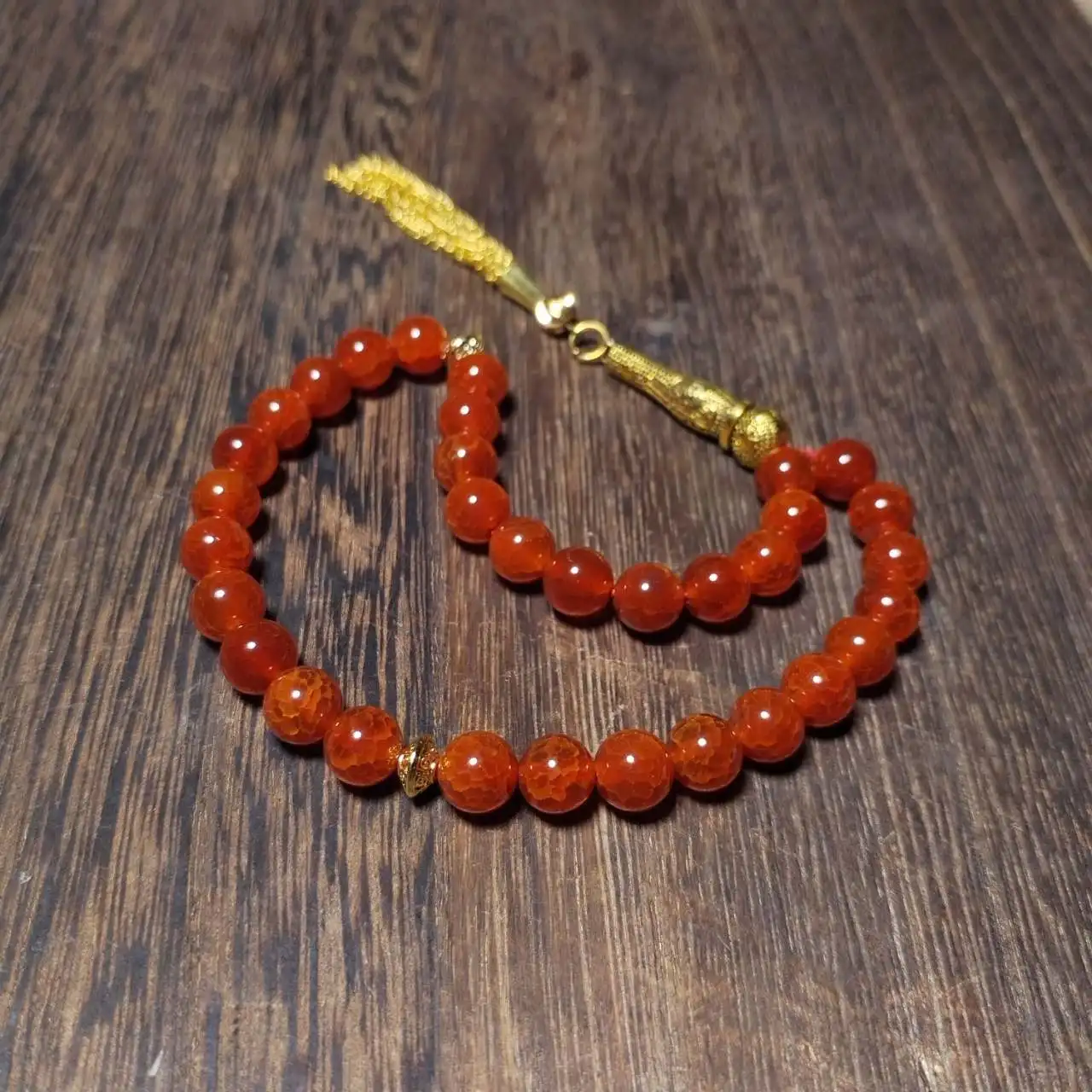 Burst Dragon Scale 8mm Red Agate Beads Gold-coloured Electroplated Copper Tassel Stringed Islam Muslim Taisbiha 33 Rosary Beads