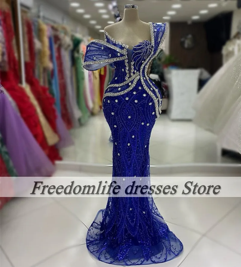 Luxury Wedding Evening Dress 2025 Beads Crystal Blue Mermaid Prom Gowns Bespoke Occasion Dresses For Women Party Wear Customized