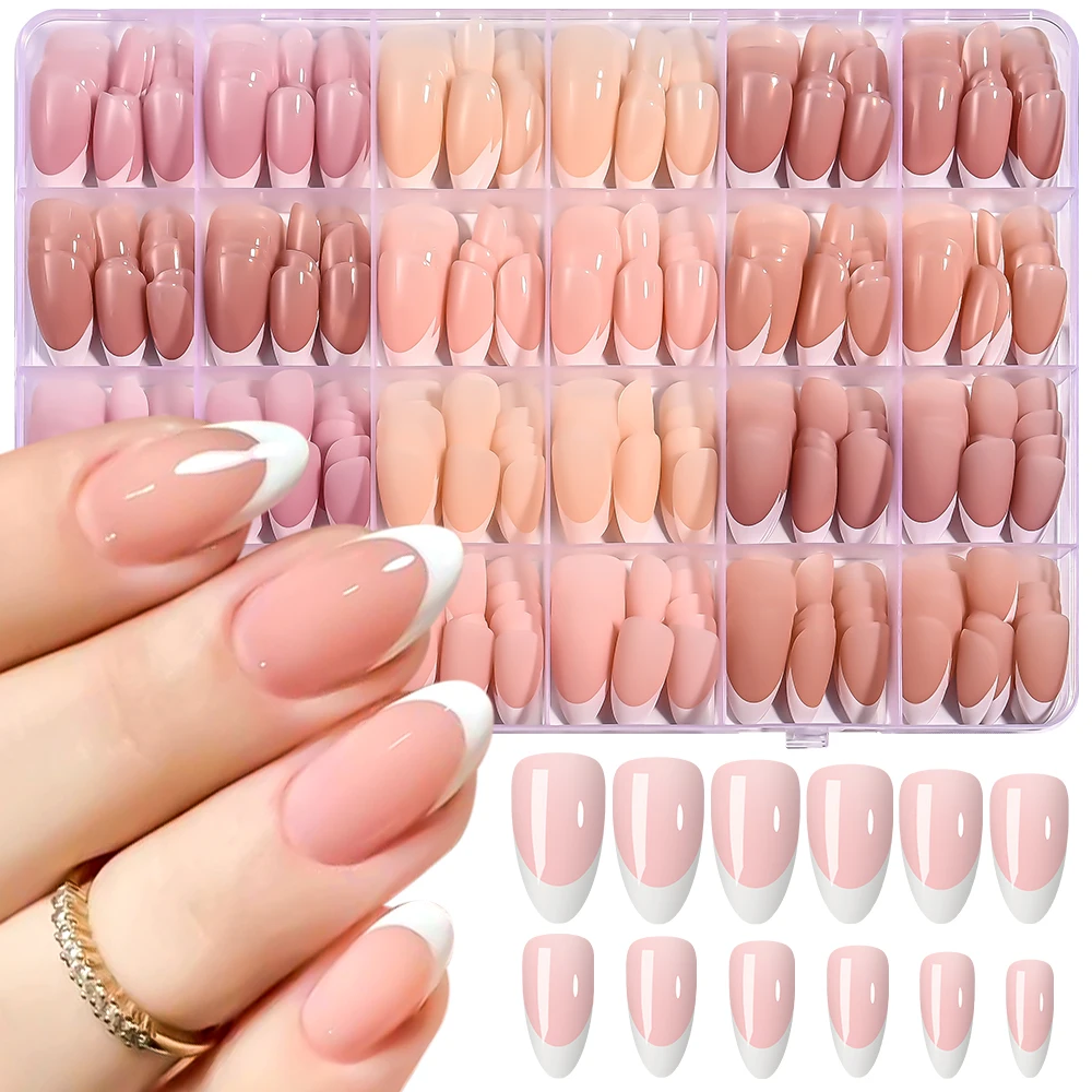 360개/박스 핑크 누드 아몬드 프렌치 가짜 손톱 12 사이즈 아크릴 소프트 젤 팁 프렌치 네일 풀 커버 착용 가능한 인조 손톱