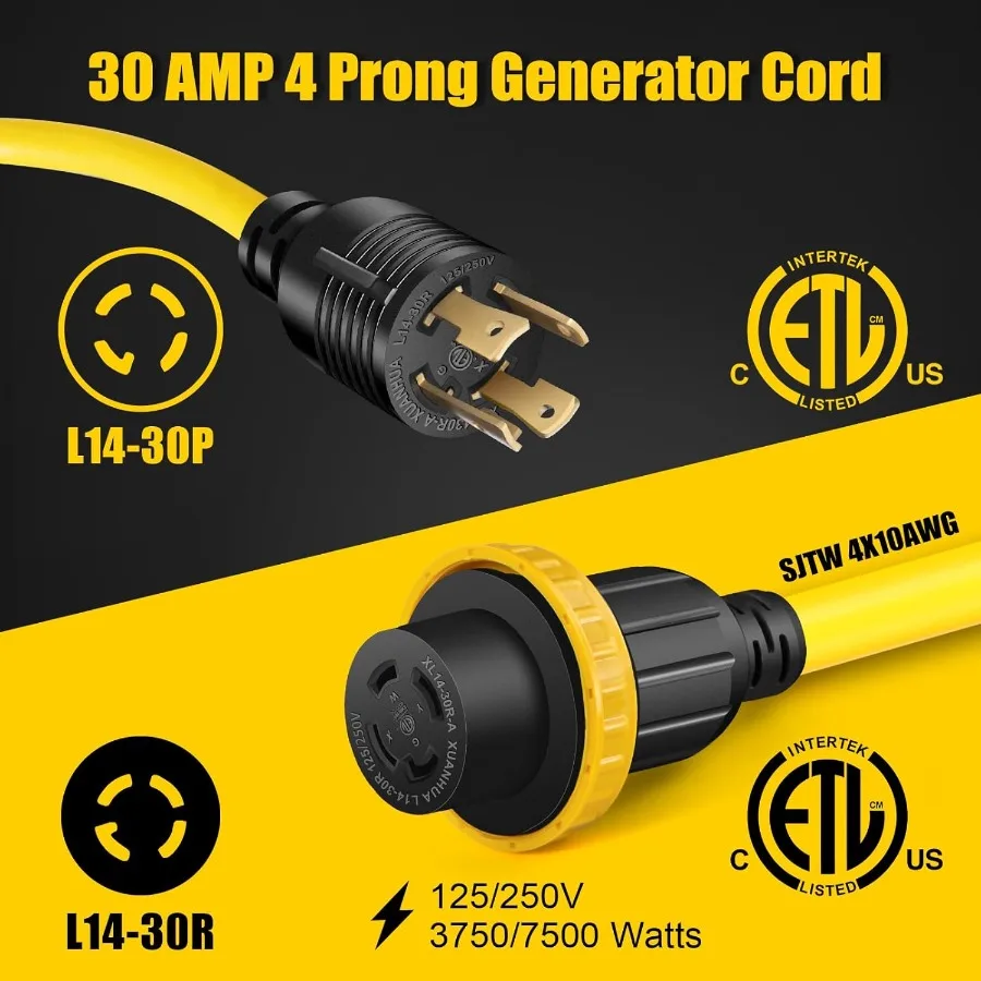 30 Amp Generator Extension Cord with 4 Prong Connector for 125 250V Applications Up to 7500W Power Transfer NEMA L1430P to L143