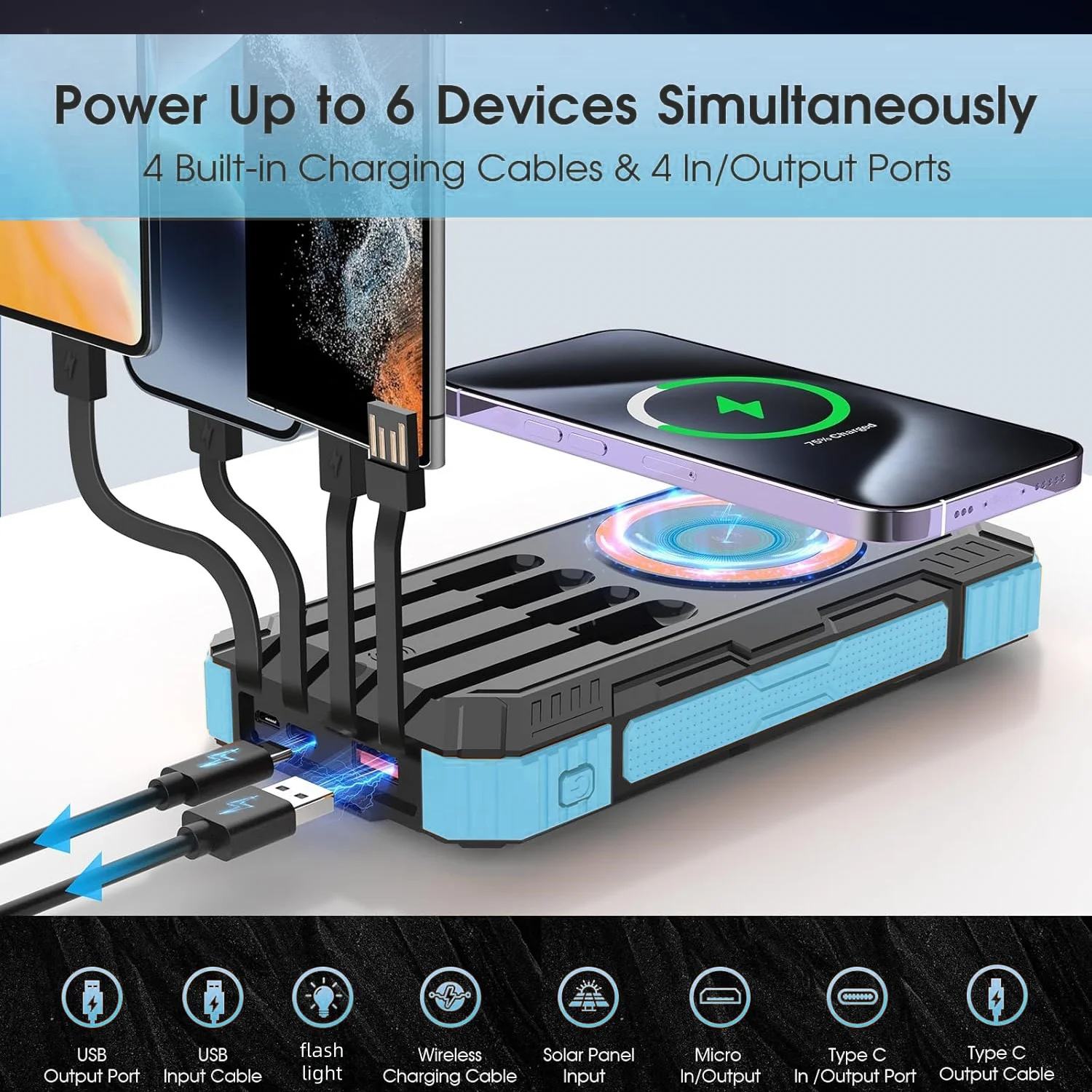 بنك طاقة يعمل بالطاقة الشمسية بقدرة 30000 مللي أمبير في الساعة مع كابلات مدمجة PD 22.5 وات شحن سريع 15 وات شحن لاسلكي IP65 مقاوم للماء والغبار والصدمات