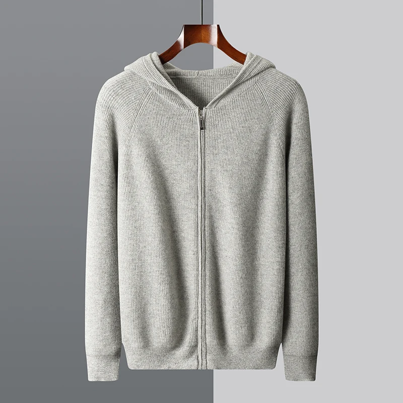 

2024 Classic Casual Men's Cashmere Hooded Cardigan Long Sleeve Zipper Knitted Pattern High Quality Soft Warm Sweater